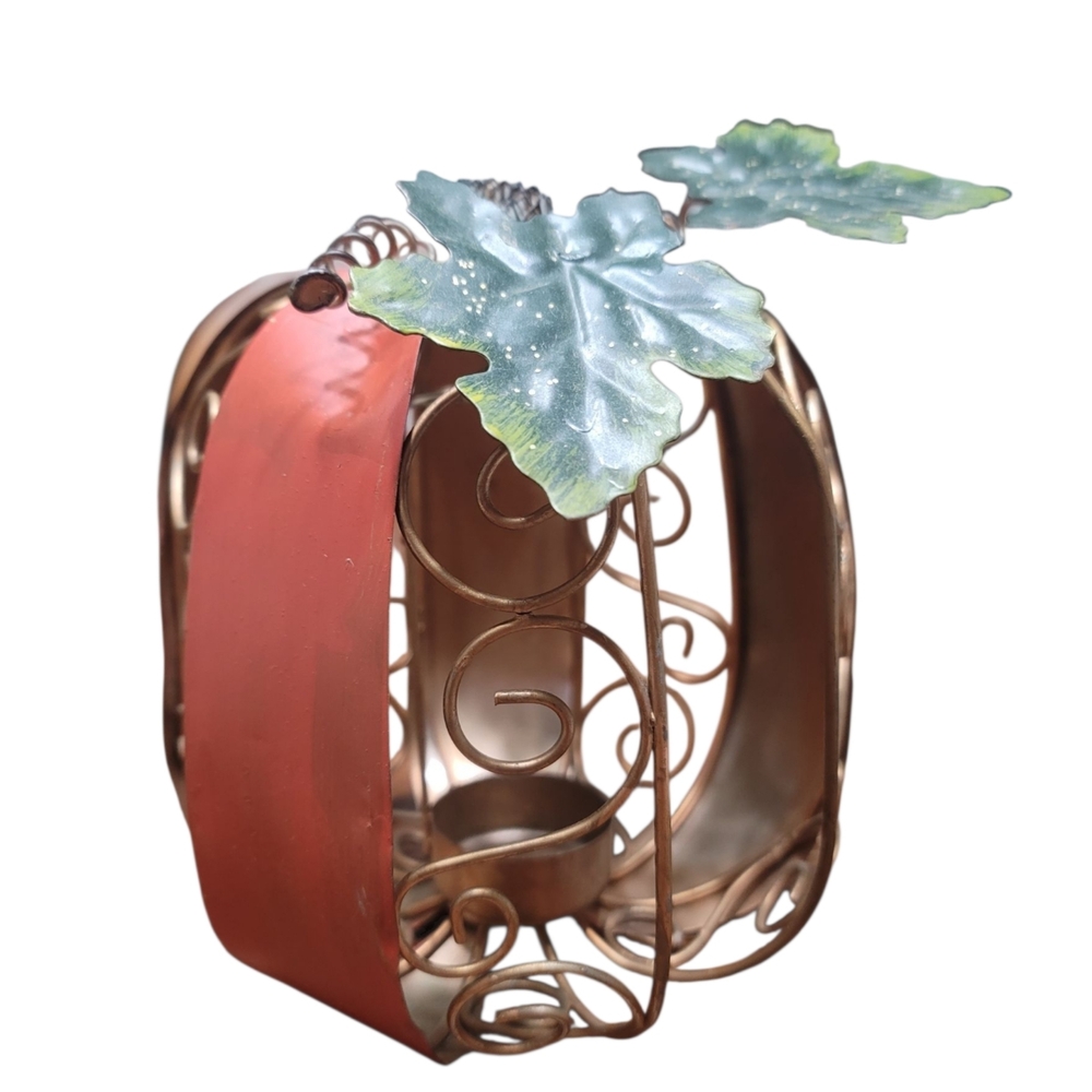 Vintage Decorative Metal & Wire Scrollwork Pumpkin Tea Light Candle Holder